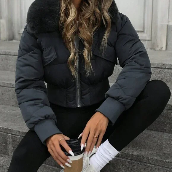 Dark Grey Chic Women's Cropped Collar Gathered Waist Faux Fur Trim Bomber Jacket - Picture 4 of 6